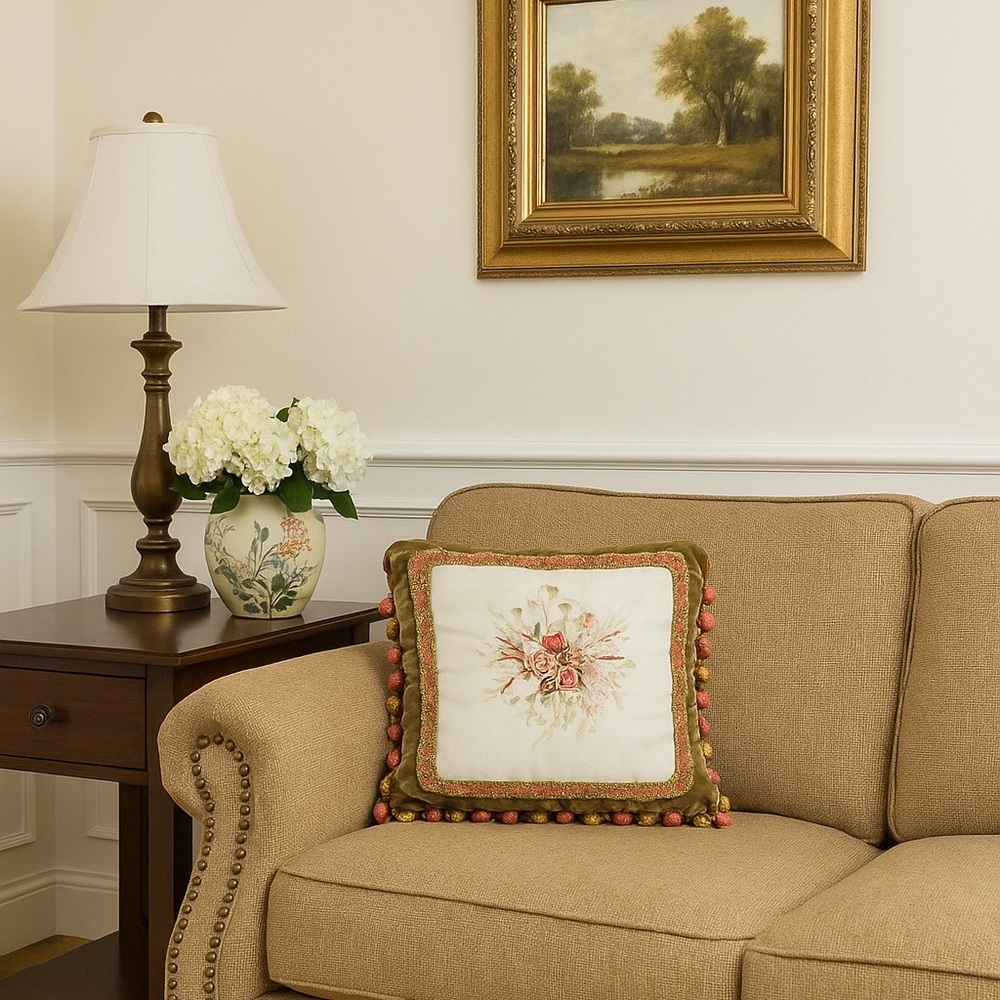 13”x13” decorative pillow hand-stitched ribbon.